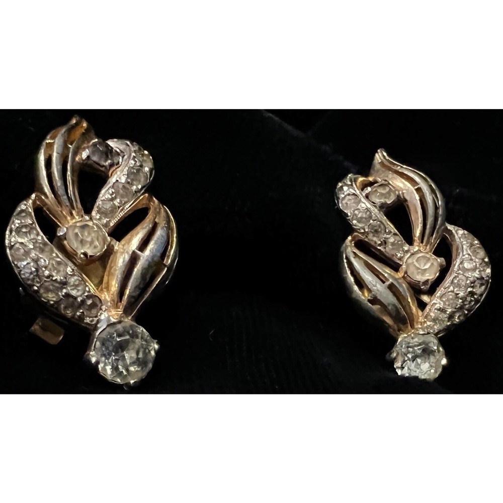 VINTAGE MAZER BROS RHINESTONE CLIP-ON EARRINGS GOLDTONE